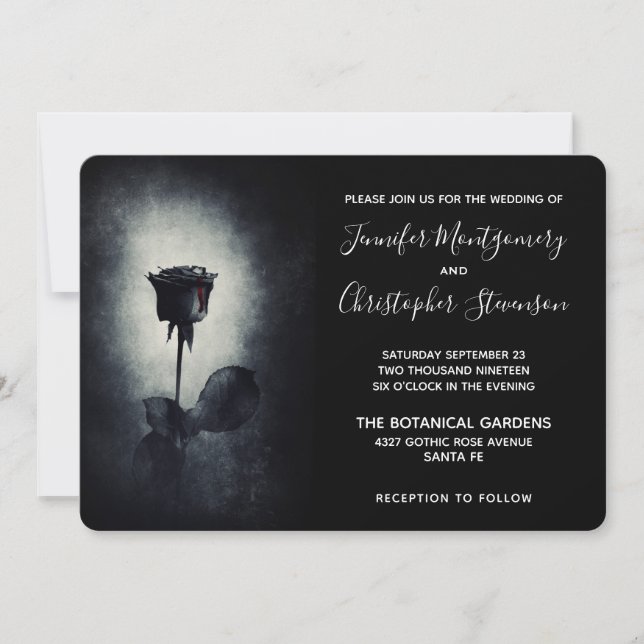 Goth Black Rose Dripping Blood on Black Wedding Invitation (Front)