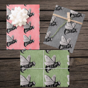 Goth Black White Bees Skull Crossbones on Wings Wrapping Paper Sheets