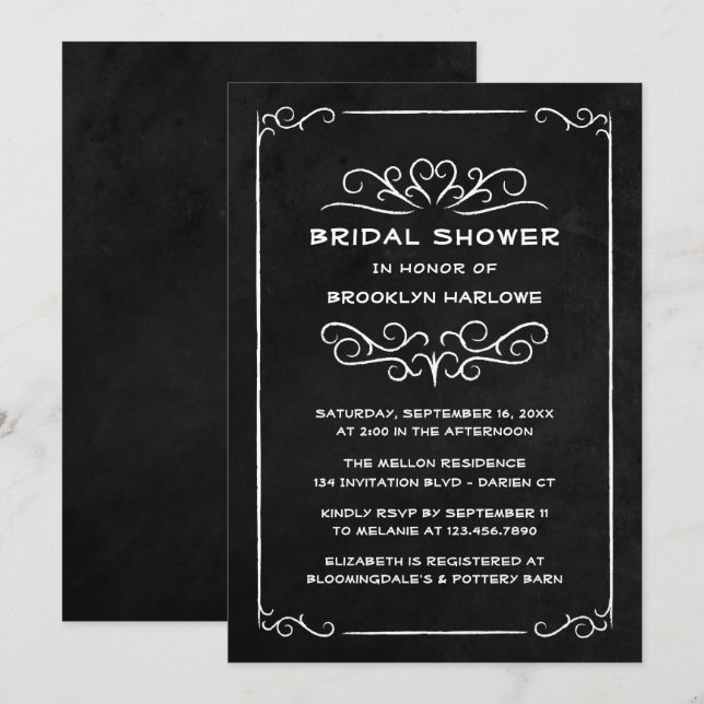 Goth Black White Vintage Chalkboard Bridal Shower  Invitation (Front/Back)
