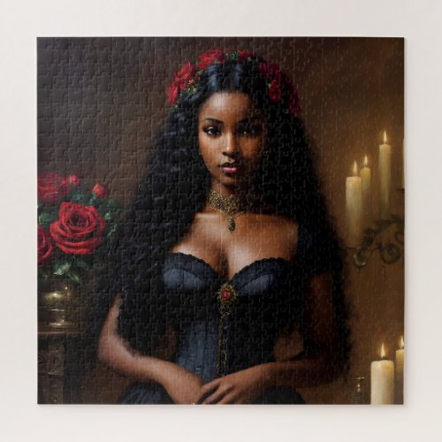 Goth Black Woman With Red Roses Jigsaw Puzzle