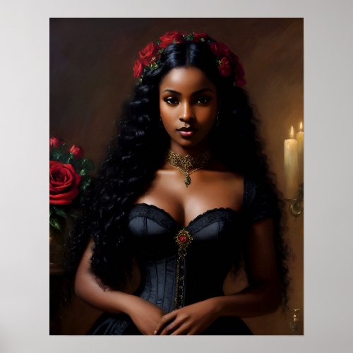 Goth Black Woman With Red Roses Poster