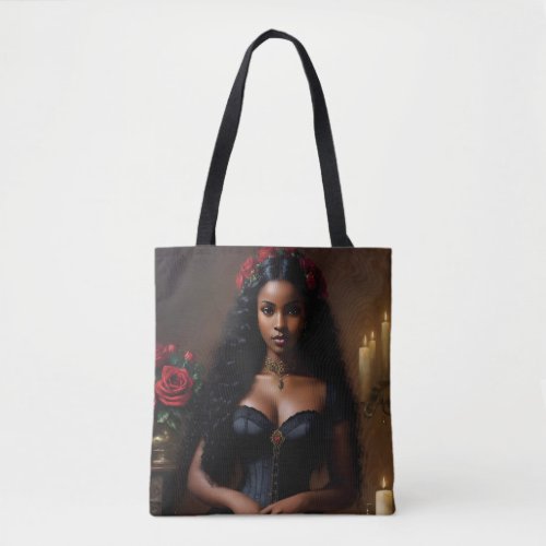 Goth Black Woman With Red Roses Tote Bag