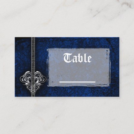 Goth Blue Damask Silver Heart Reception Place Card