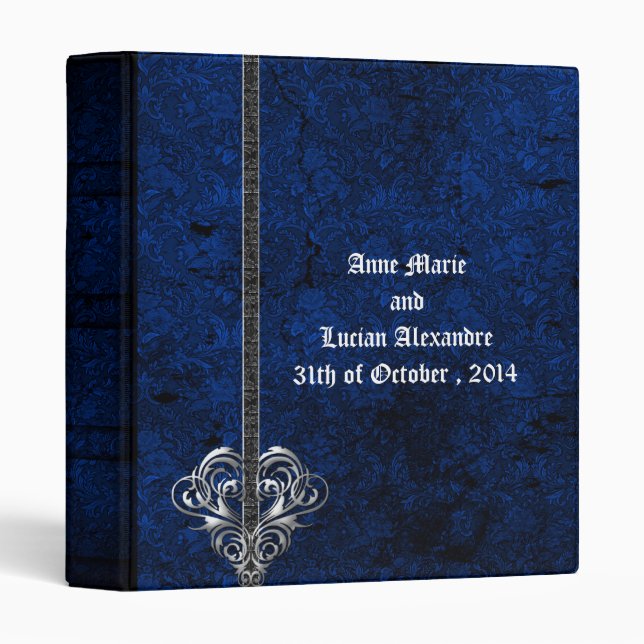 Goth Blue Damask Silver Heart Wedding Album Binder (Front/Spine)