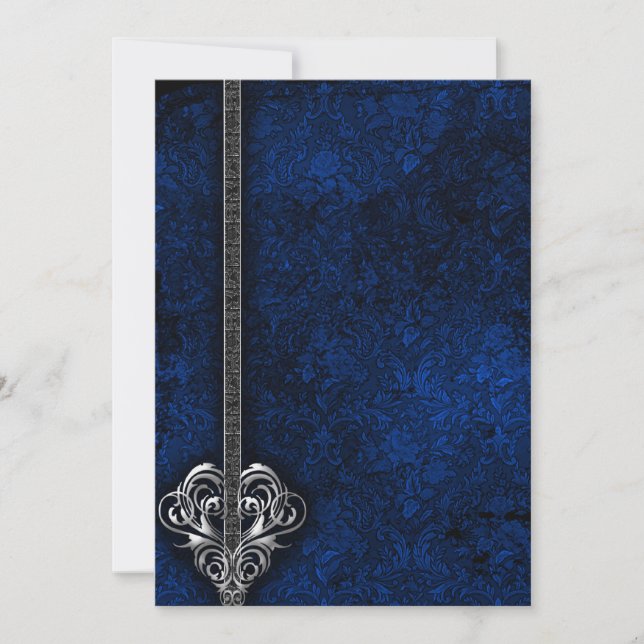Goth Blue Damask Silver Heart wedding Invitation (Front)