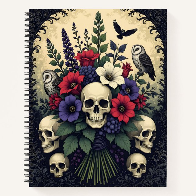 Goth Bouquet with Skulls and Owls Notebook (Front)