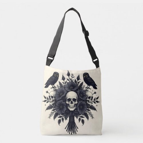 Goth Bouquet with Three Skulls and Two Owls Crossbody Bag