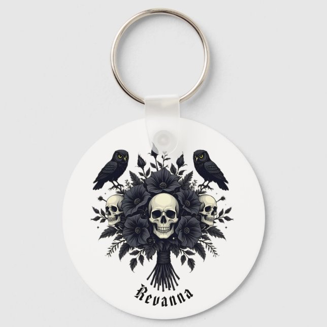 Goth Bouquet with Three Skulls and Two Owls Keychain (Front)