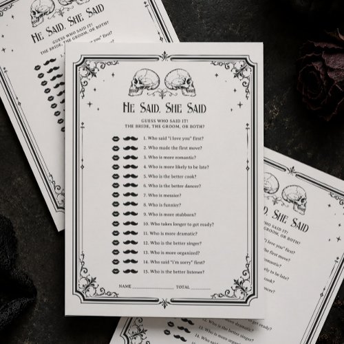Goth Bridal Shower He Said She Said Game Card