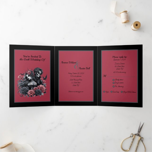 Goth Bride and Groom Black Pink Gray Tri-Fold Invi (Inside)