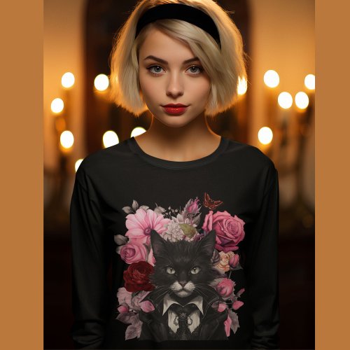 Goth Cat and roses Gothic Black and White cats  T_Shirt