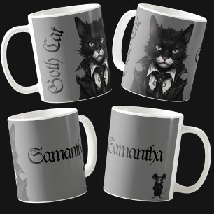 Goth Cat Holding Mouse Black White Gothic Name Coffee Mug