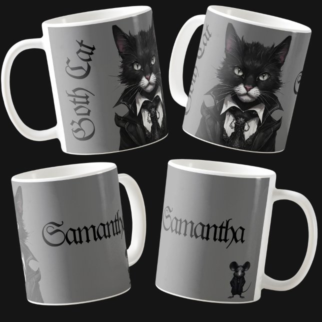 Goth Cat Holding Mouse Black White Gothic Name Coffee Mug (Creator Uploaded)