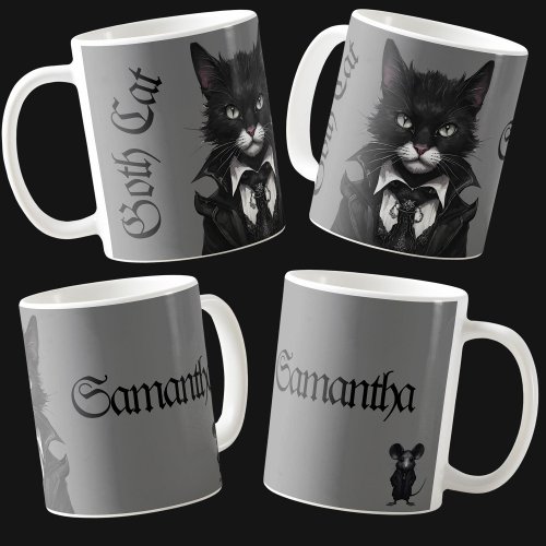 Goth cat with Mouse Personalized Name Dark Coffee Mug