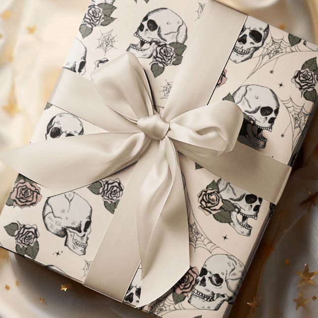 Goth Cream Skull and Flowers Halloween Wrapping Paper (Gothic Floral Skulls Pattern Wrapping Paper. Hand-Drawn Skulls, Roses, Leaves, Webs on Elegant Cream)