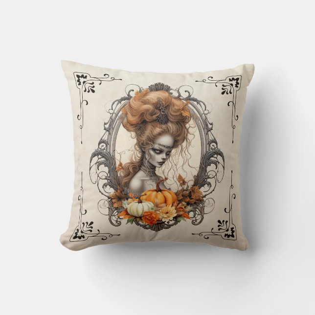 Goth Creepy Lady Pumpkins Throw Pillow (Front)