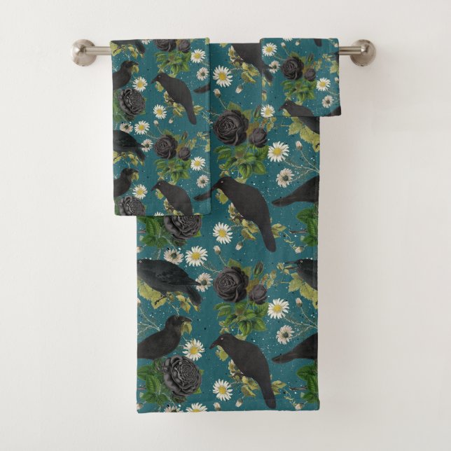 Goth Crows & Black Roses Deep Teal Pattern Bath Towel Set (Insitu)