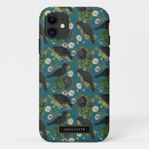 Goth Crows & Black Roses Deep Teal Pattern iPhone 11 Case