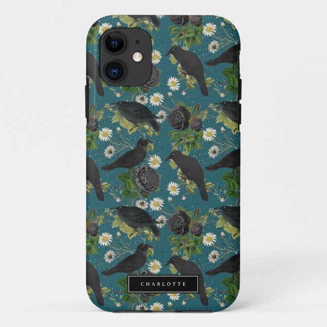 Goth Crows & Black Roses Deep Teal Pattern Case-Mate iPhone Case (Back)