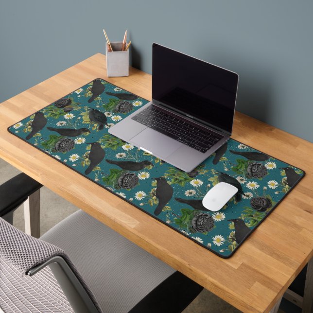 Goth Crows & Black Roses Deep Teal Pattern Desk Mat (Office 2)