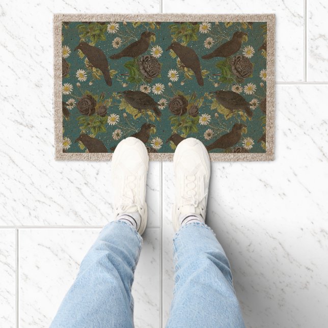 Goth Crows & Black Roses Deep Teal Pattern Fiber Doormat (Insitu)