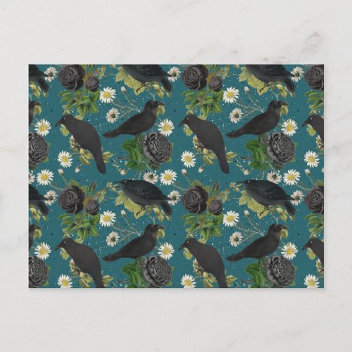 Goth Crows  Black Roses Deep Teal Pattern Holiday Postcard