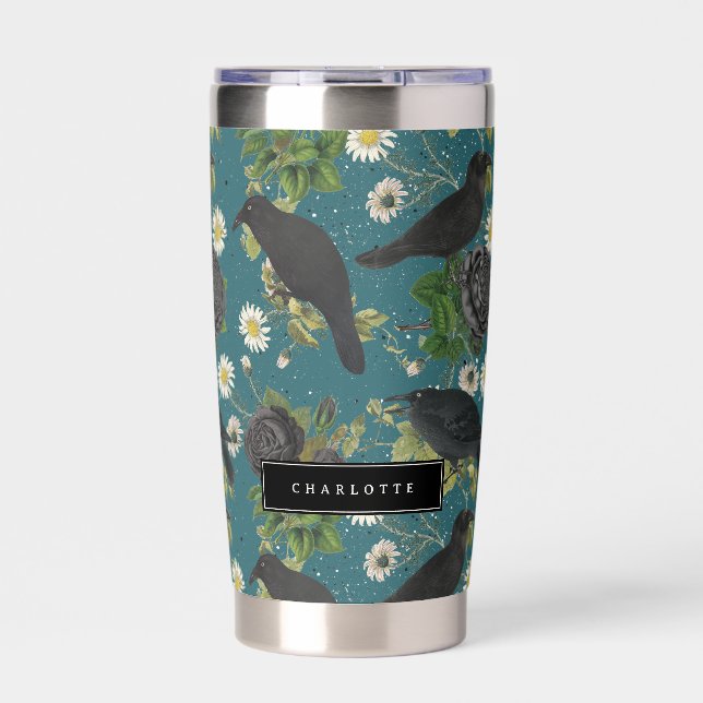 Goth Crows & Black Roses Deep Teal Pattern Insulated Tumbler (Front)