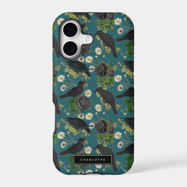 Goth Crows & Black Roses Deep Teal Pattern Iphone Case (Back)