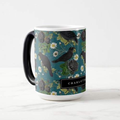 Goth Crows  Black Roses Deep Teal Pattern Magic Mug