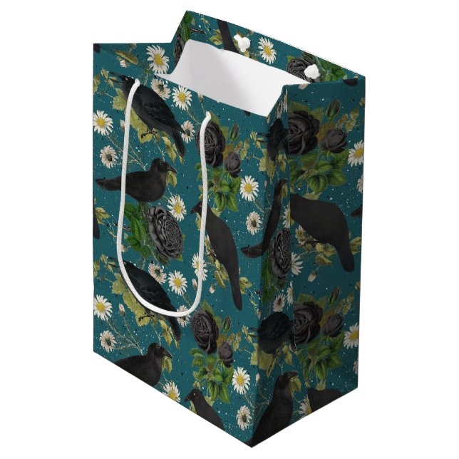 Goth Crows & Black Roses Deep Teal Pattern Medium Gift Bag (Front Angled)