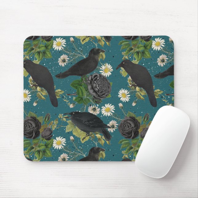 Goth Crows & Black Roses Deep Teal Pattern Mouse Pad (With Mouse)
