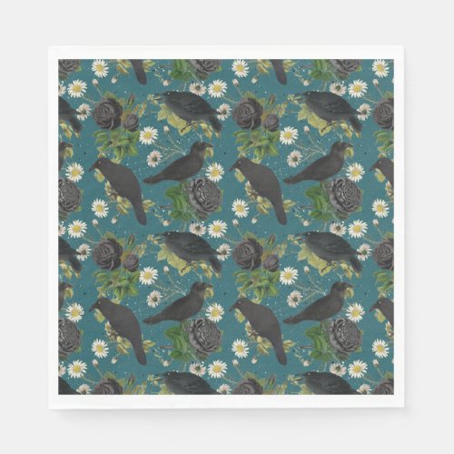 Goth Crows  Black Roses Deep Teal Pattern Napkins