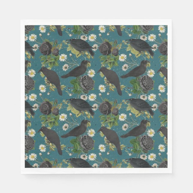 Goth Crows & Black Roses Deep Teal Pattern Napkins (Front)