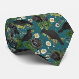 Goth Crows & Black Roses Deep Teal Pattern Neck Tie