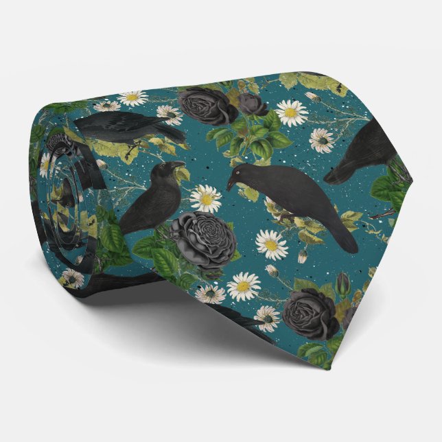 Goth Crows & Black Roses Deep Teal Pattern Neck Tie (Rolled)