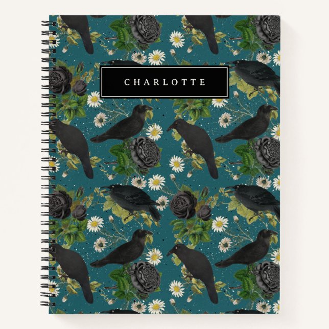 Goth Crows & Black Roses Deep Teal Pattern Notebook (Front)