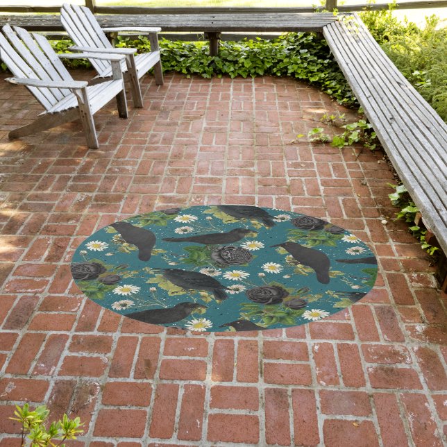 Goth Crows & Black Roses Deep Teal Pattern Outdoor Rug (Insitu (Outdoor 3))