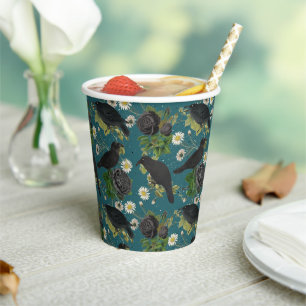 Goth Crows & Black Roses Deep Teal Pattern Paper Cups