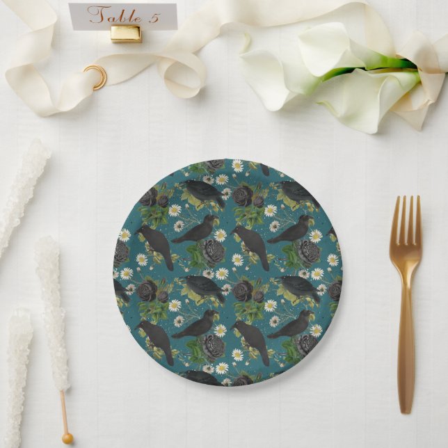Goth Crows & Black Roses Deep Teal Pattern Paper Plates (Wedding)