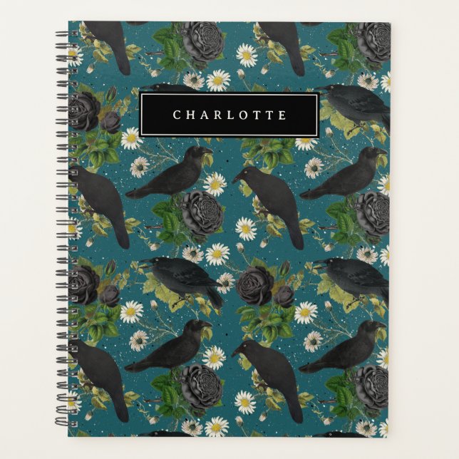 Goth Crows & Black Roses Deep Teal Pattern Planner (Front)