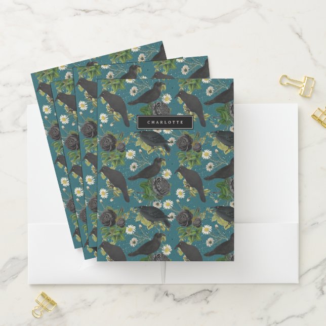 Goth Crows & Black Roses Deep Teal Pattern Pocket Folder (In Situ)