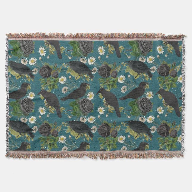 Goth Crows & Black Roses Deep Teal Pattern Throw Blanket (Front)