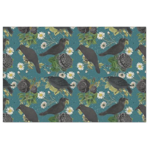 Goth Crows  Black Roses Deep Teal Pattern Tissue Paper