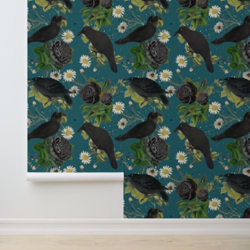 Goth Crows  Black Roses Deep Teal Pattern Wallpaper