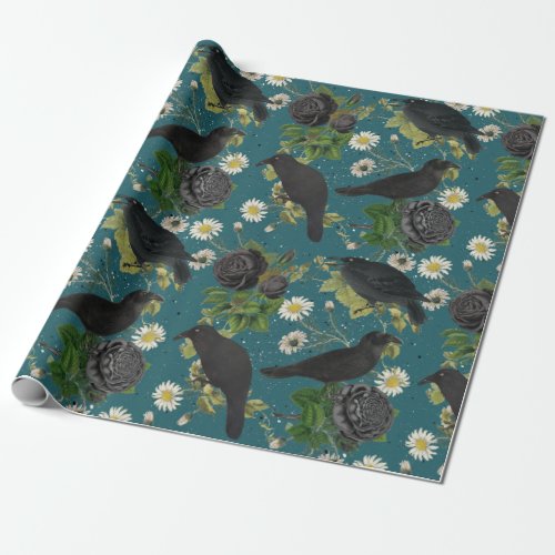 Goth Crows  Black Roses Deep Teal Pattern Wrapping Paper