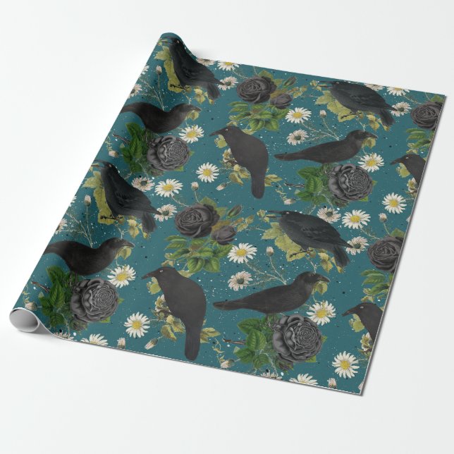 Goth Crows & Black Roses Deep Teal Pattern Wrapping Paper (Unrolled)