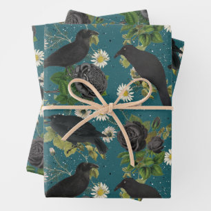 Goth Crows & Black Roses Deep Teal Pattern Wrapping Paper Sheets