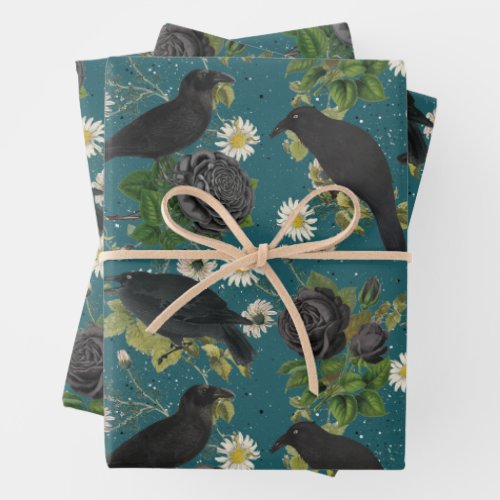 Goth Crows  Black Roses Deep Teal Pattern Wrapping Paper Sheets