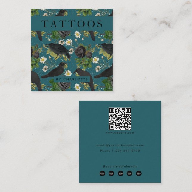 Goth Crows & Black Roses Tattoo Artist Square Business Card (Front/Back)