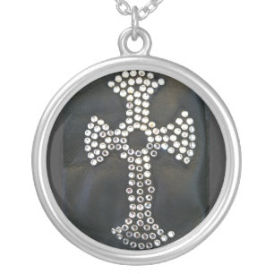 GOTH CRYSTAL CROSS ON BLACK PRINT SILVER PLATED NECKLACE